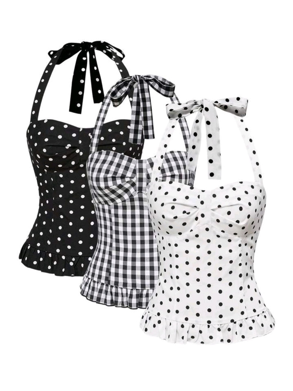 ROMWE Polka Dot/Gingham Halter Tank Tops with Ruffle Hem Black/White NWT Sz 6 M